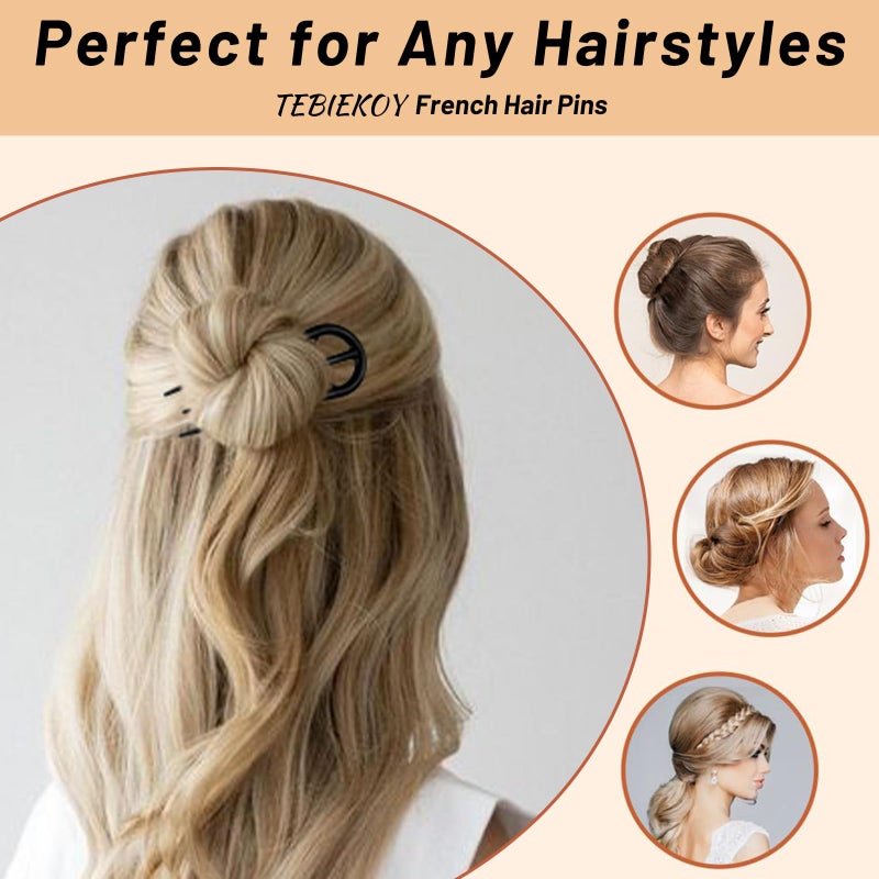 TEBIEKOY French Hair Pin for Women, 6 Pcs U-Shaped French Pin Flat Hair Clips for Women, French Hair Pins Strong Hold Hair Accessories for Buns, French Twist Hair Pin for Thick Hair, Hair Fork Hair Sticks - Image 3